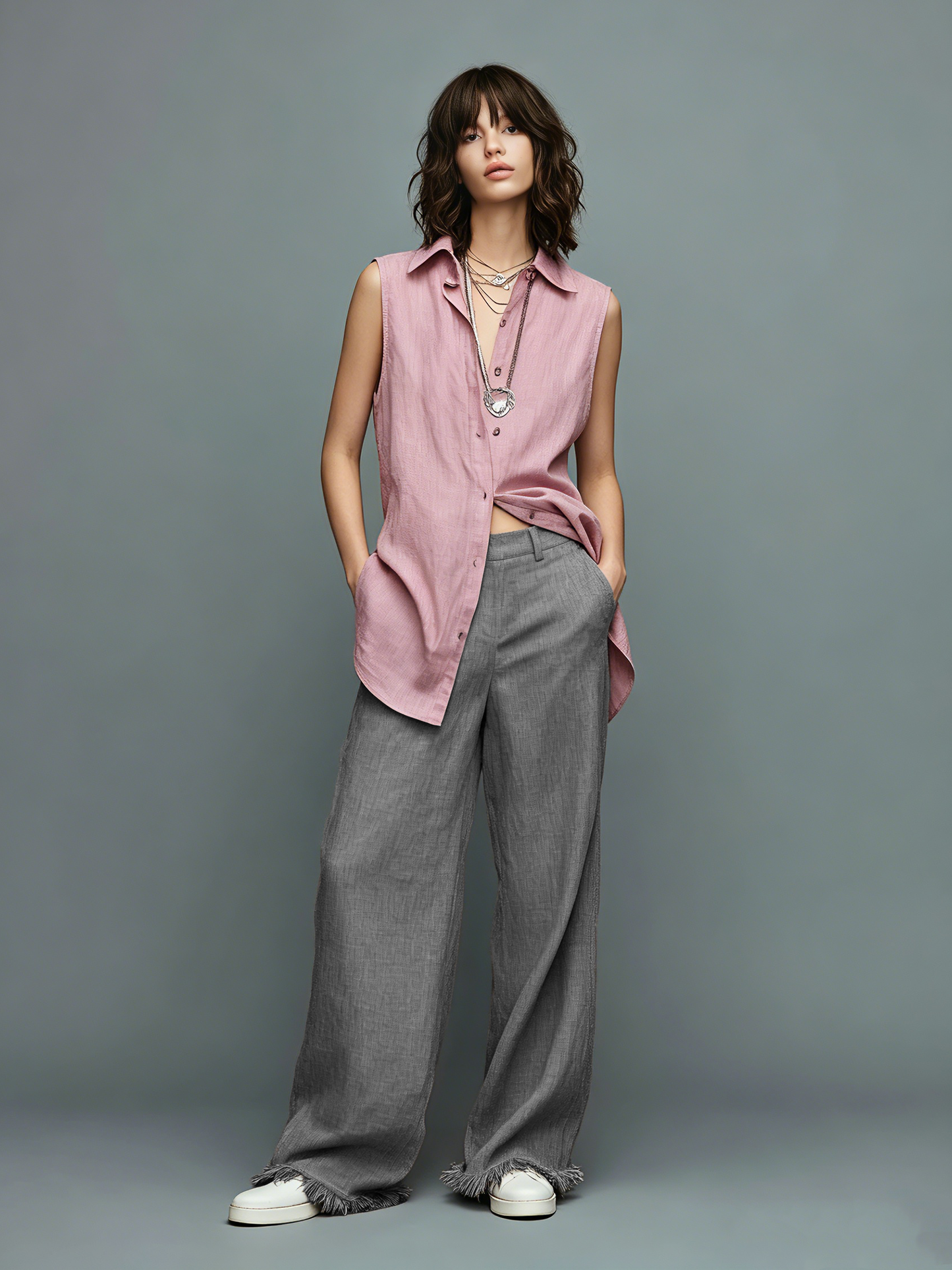 Women's Minimalist Linen-Blend Straight-Leg Trousers With Fringed Hem MDZ3012F0WY