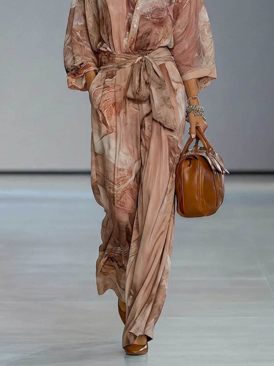 Women's Dusty Pink Print Chiffion Jumpsuit With Collared Half Placket & Self Tie Waist Belt, Modern Elegant Vacation Full Length Jumpsuit MDZ0113G4LYL