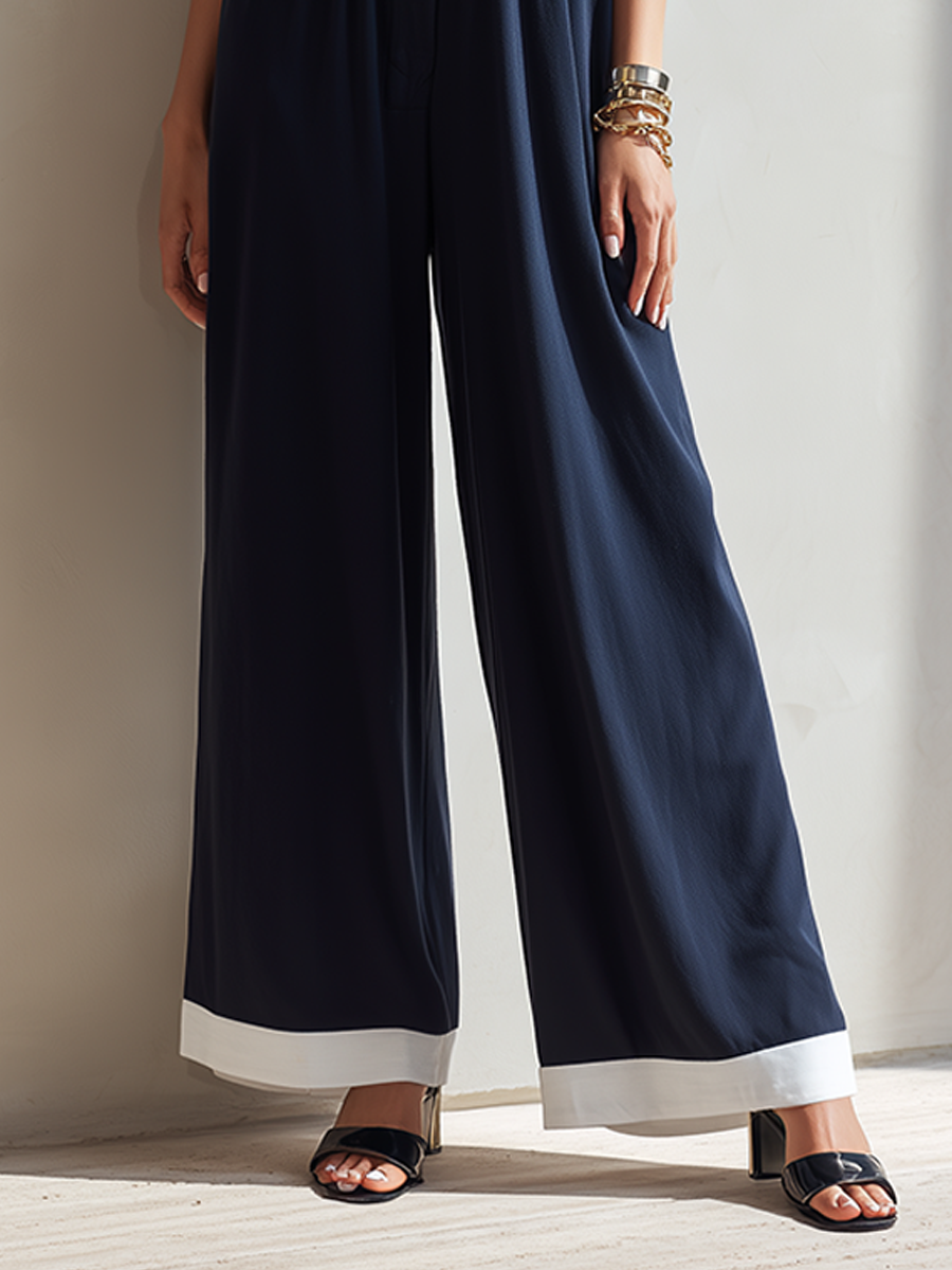 Women's Minimalist Navy & White Color-Block Lapel Short-Sleeve Wide-Leg Jumpsuit With Elastic Waist MDZ0697G5ZRK