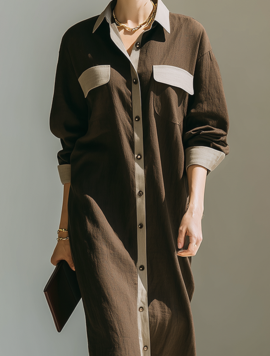 Women's Minimalist Solid Brown & Contrast-Color Linen Midi Shirt Dress MDZ0793G7ZRK