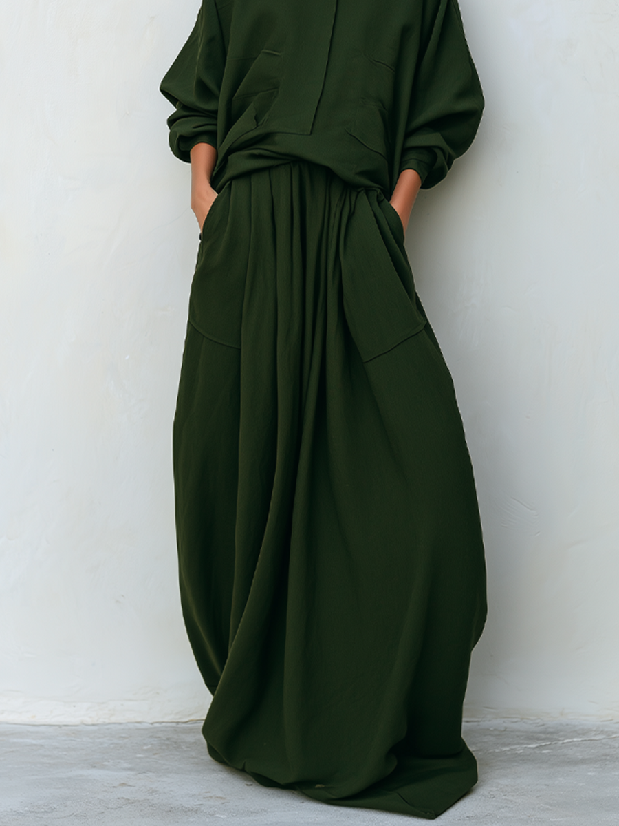 Women's Dark Olive Woven Two-Piece Set With Stand Collar Pocket Blouse & Oversized Drawstring Maxi Skirt, Minimalist Loose Resort Matching Outfit MDZ0781G6LYL