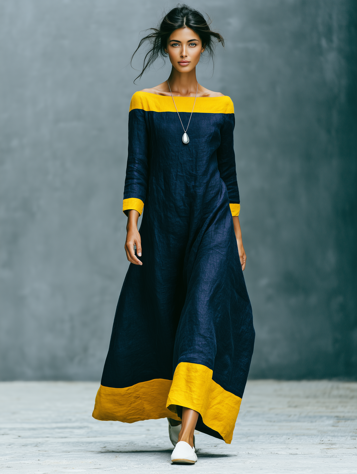 Women's Minimalist Color-Block Linen-Blend Maxi Dress With Crew Neck And Three-Quarter Sleeves MDZ0992G2WY