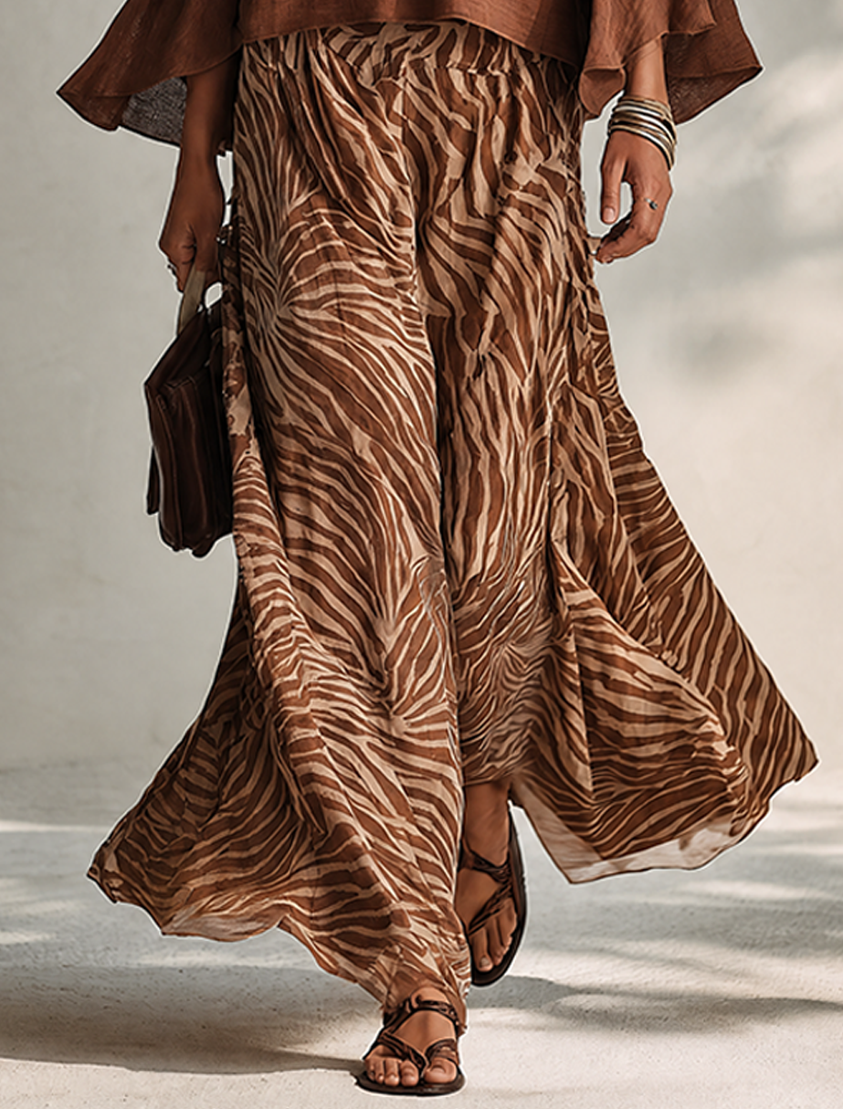 Women's Minimalist Cotton-Linen Blend V-Neck Flared-Sleeve Top & Zebra-Print Skirt Two-Piece Set MDZ0940G0ZRK