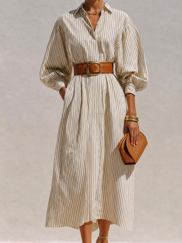 Women's Elegant Ivory Cotton Blend Pinstripe Collared Button-Front Balloon Sleeve Belted Midi Shirt DressMDZ0739G0ZSQ