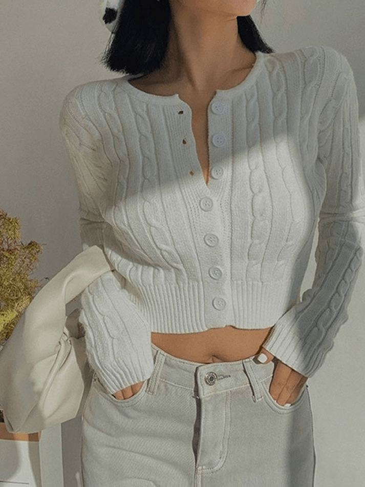 Cropped button cable knit cardigan