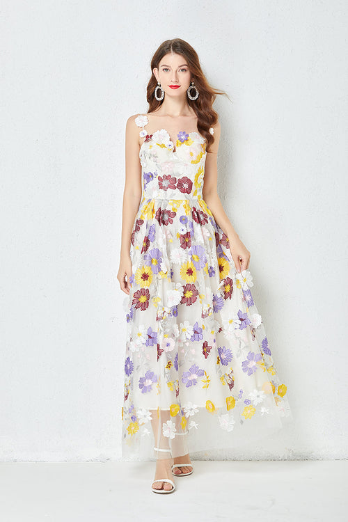 Ladies French Romantic Embroidered Flower Sling Engagement Evening Dress Tube Top Dress