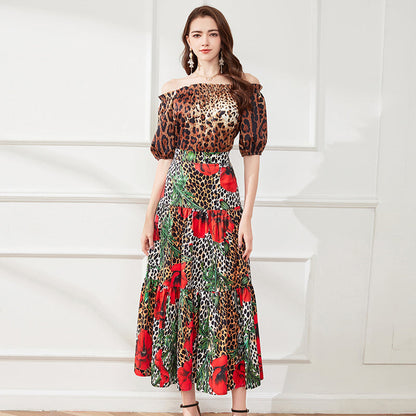 off shoulder Leopard Print Short Sleeve Top Leopard Print Flower Big Dress Two piece Set