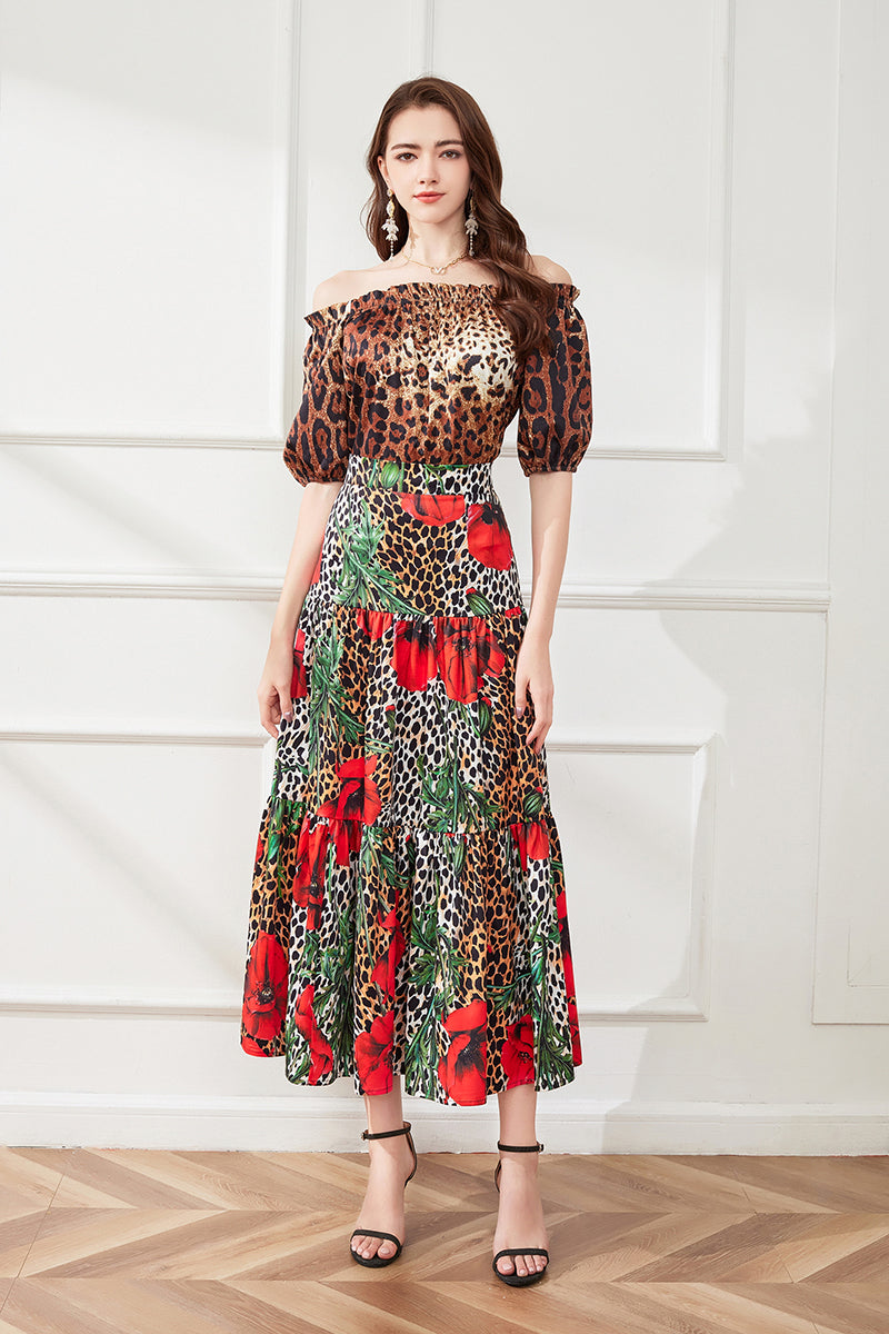 off shoulder Leopard Print Short Sleeve Top Leopard Print Flower Big Dress Two piece Set