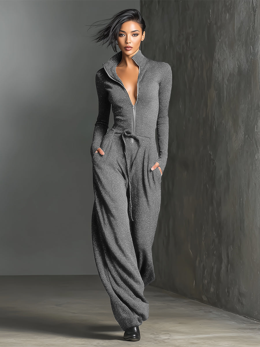 Women's Elegant Knit Sparkling Zipper Front Jumpsuit MDA2560G5I