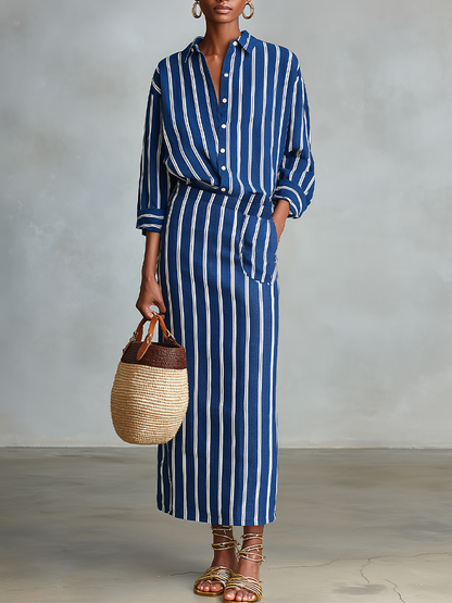 Women's Royal Blue White Stripe Cotton-Blend Co-Ord With Button Front Blouse & Elastic Waist Straight Maxi Skirt, Effortless-Chic Summer Daily Outfit MDZ2304F8LYL