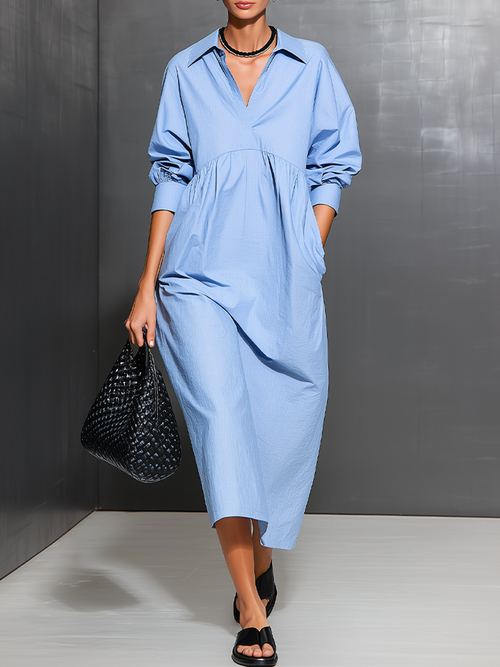 Women's Light Blue Cotton-Blend Oversized Dress With Puffed Cuff Long Sleeves & Side Pockets, Modern Effortless-Chic Daily Shirt Dress MDZ3027F3LYL