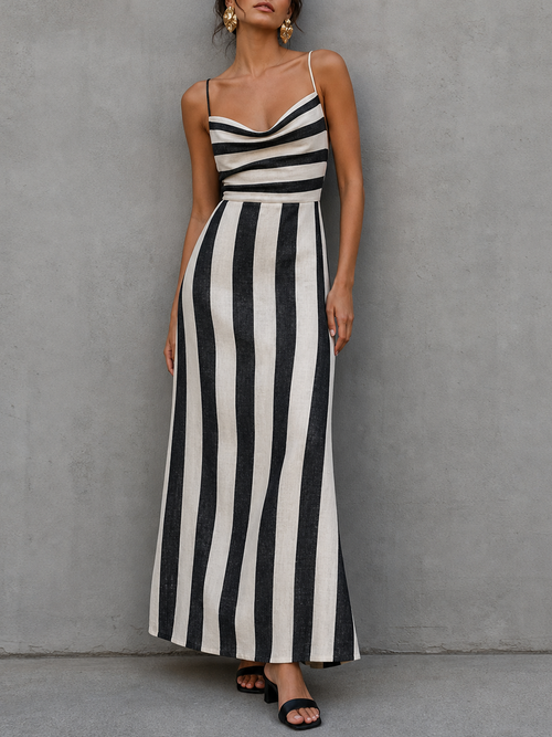 Women's Minimalist Striped Print Spaghetti Strap Cowl Neck Maxi Dress MDZ3099F8WY