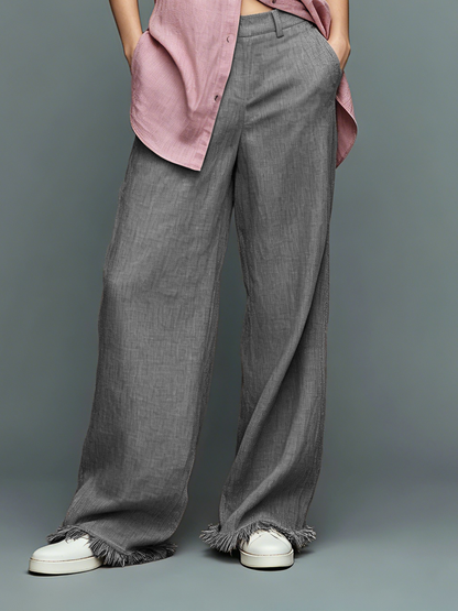 Women's Minimalist Linen-Blend Straight-Leg Trousers With Fringed Hem MDZ3012F0WY