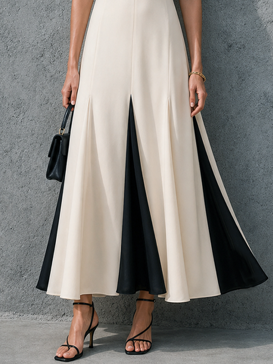 Women's Elegant Workwear Style Off-White Cotton Blend Color Block Lapel Short Sleeve Maxi Dress MDZ3023F5GMJ