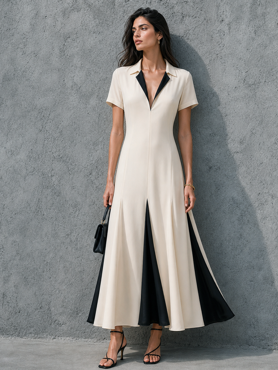 Women's Elegant Workwear Style Off-White Cotton Blend Color Block Lapel Short Sleeve Maxi Dress MDZ3023F5GMJ