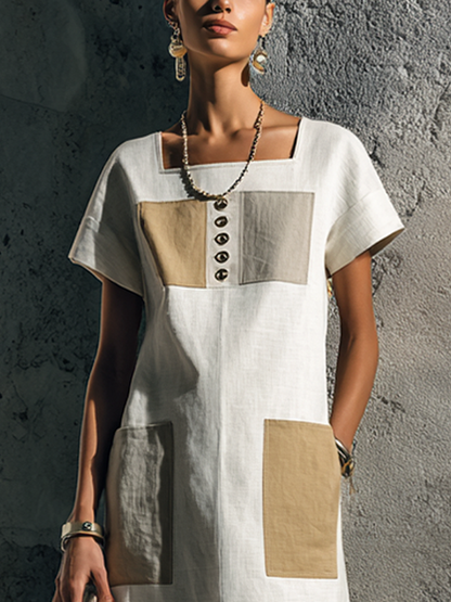 Women's Minimalist Style Off-White Linen Cotton Square Neck Short Sleeve Patch Pocket Maxi Dress MDZ3055F9GMJ