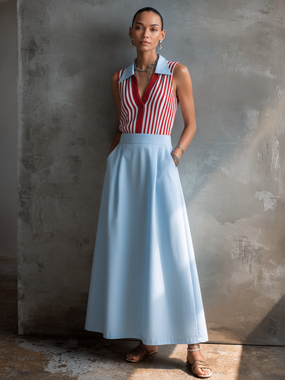 Women's Casual Knit Striped Color-Blocked Collared Top And Light Blue Cotton Blend Long Skirt Set MDZ3088F9GMJ