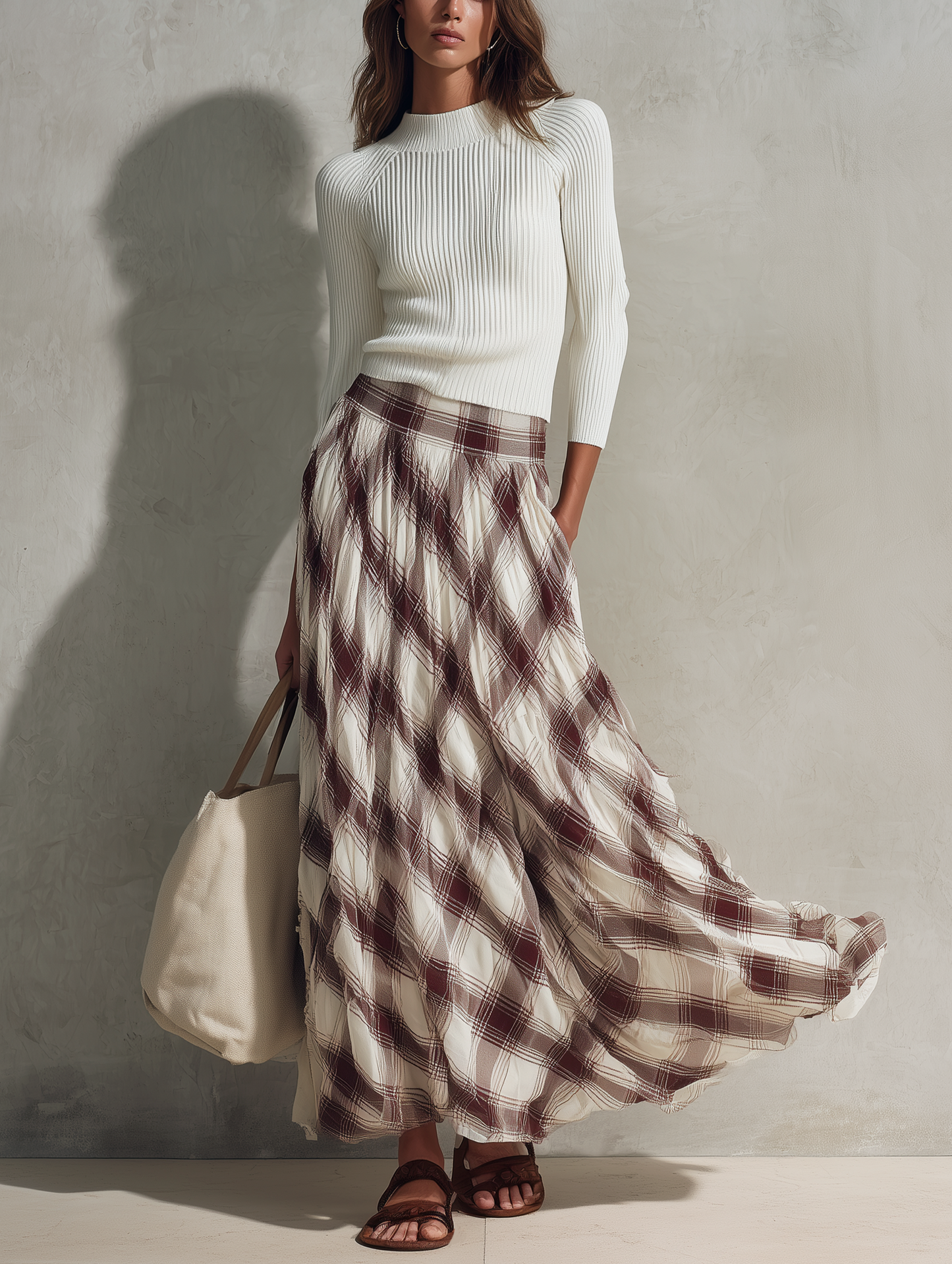 Women's Casual Off-white Long-sleeved Knit Top With A Round Neck, Paired With A Dark Red Printed Chiffon Skirt MDZ0122G6LXY