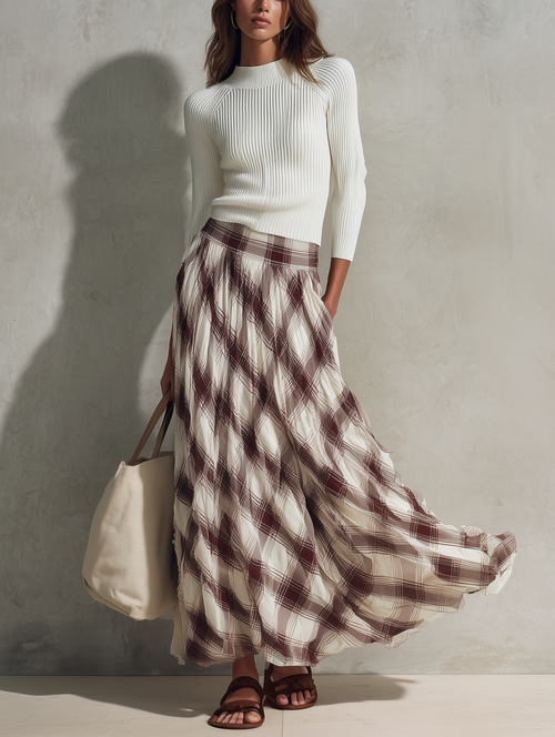 Women's Casual Off-white Long-sleeved Knit Top With A Round Neck, Paired With A Dark Red Printed Chiffon Skirt MDZ0122G6LXY