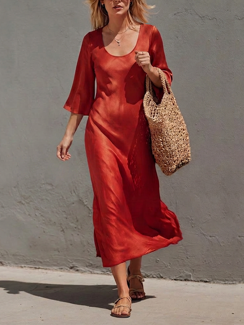 Women's Rust Red Satin Midi Dress With Wide U Scoop Neck & Flared Three Quarter Sleeves, Boho Elegant Flow Side Slit Vacation Midi Dress MDZ0171G2LYL