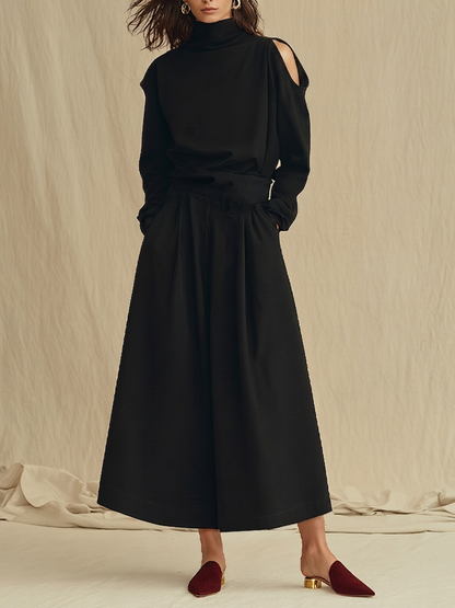 Women's Black Soft Woven Two-Piece Set With Turtleneck Cold Shoulder Long Sleeve Top & Side Pocket Skirt, Minimalist Elegant Smart Casual Matching Outfit MDZ0197G7LYL