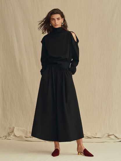Women's Black Soft Woven Two-Piece Set With Turtleneck Cold Shoulder Long Sleeve Top & Side Pocket Skirt, Minimalist Elegant Smart Casual Matching Outfit MDZ0197G7LYL