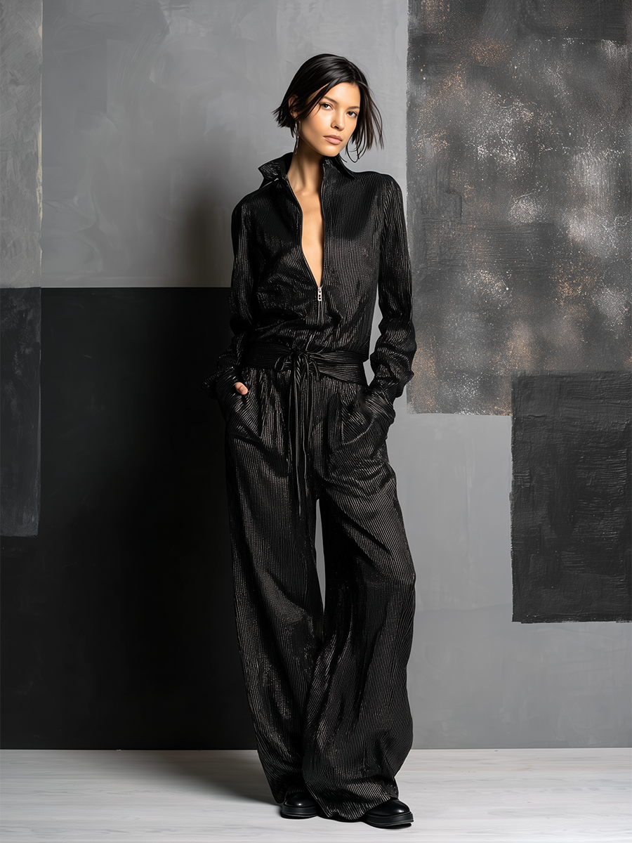Women's All-Black Vertical Striped Lurex Jumpsuit With Collar Half Zip Front & Self Tie Wait Belt, Edgy Night Out Wide Leg Metallic Jumpsuit MDZ0124G2LYL