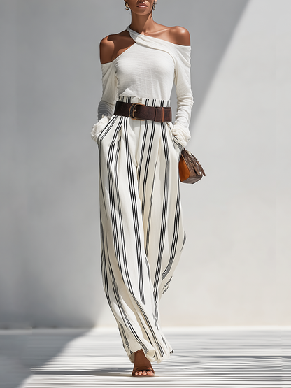 Women's Solid White Light Knit Co-Ord With One Shoulder Cutout Blouse & Pleated Striped Flow Palazzo Trousers, Modern Effortless-Chic Daily Casual Two-Piece Set (without Belt) MDZ0199G0LYL