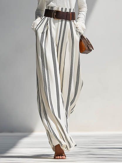 Women's Solid White Light Knit Co-Ord With One Shoulder Cutout Blouse & Pleated Striped Flow Palazzo Trousers, Modern Effortless-Chic Daily Casual Two-Piece Set (without Belt) MDZ0199G0LYL