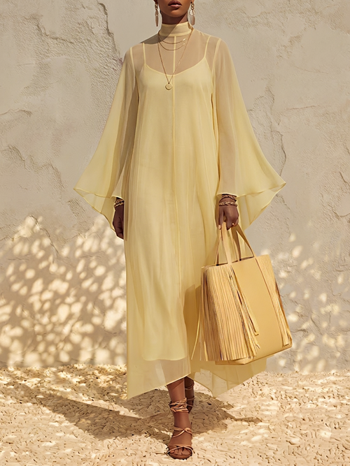 Women's Pale Yellow Sheer Chiffon Maxi Dress With Mock Neck Bell Flare Sleeves & Inner Slip Camisole, Minimalist Boho Resort Flowy Maxi Dress MDZ0287G2LYL