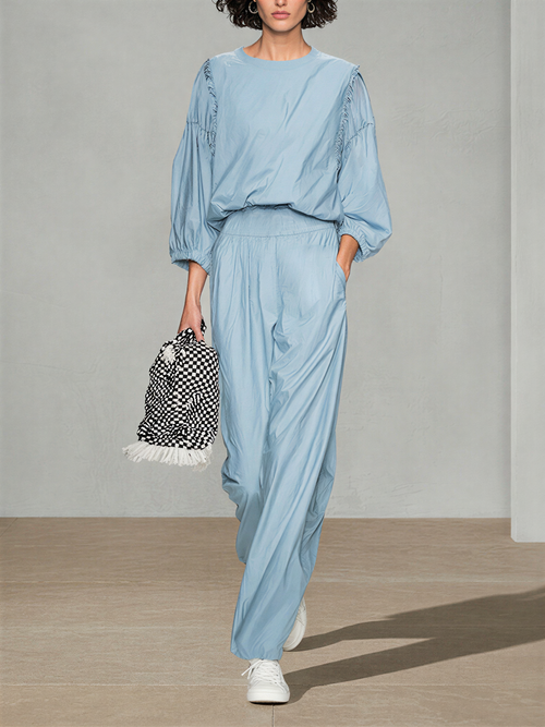 Women's Pale Blue Breathable Poly Cotton Co-Ord With Elastic Cuff Puff Sleeve Top & Side Pocket Loose Straight Trousers, Modern Effortless-Chic Daily Casual Two-Piece Set MDZ0217G3LYL