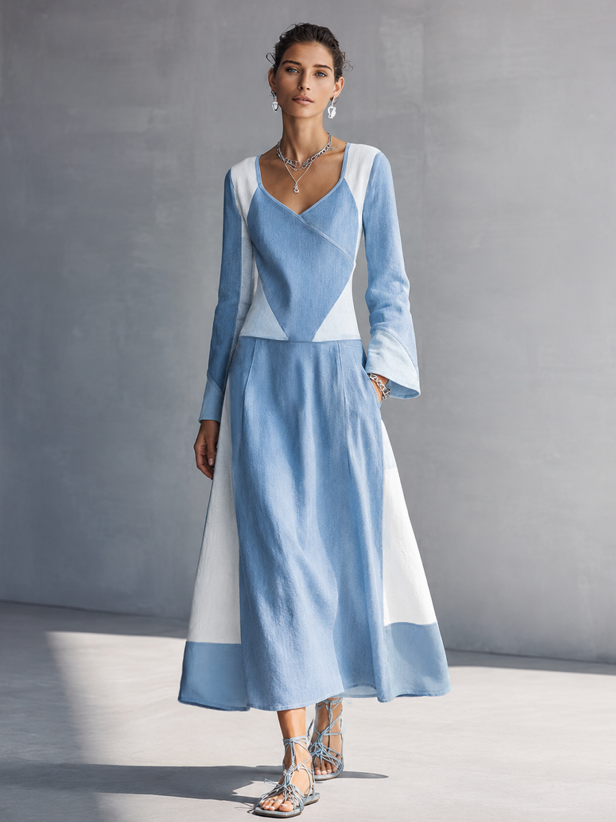 Women's Minimalist Style Light Blue Linen Cotton V Neck Flare Long Sleeve Geometric Color Block Midi Dress MDZ0147G5GMJ