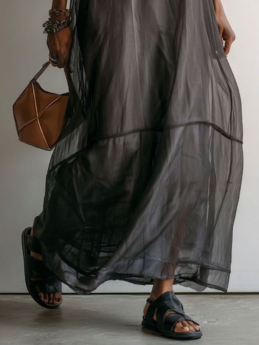 Women’s Dark Gray Minimalist Sheer Chiffon Overlay Round Neck Mid Sleeve Flowy Tiered Oversized Maxi Dress MDZ0299G1T