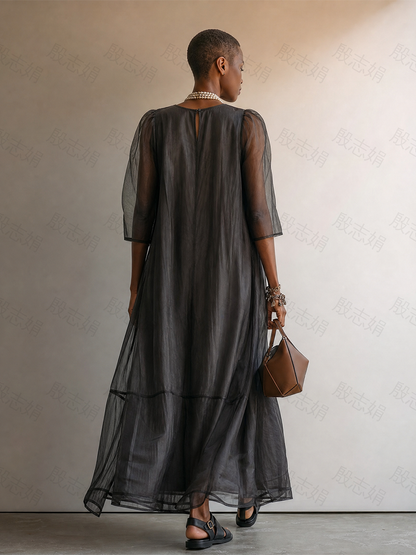 Women’s Dark Gray Minimalist Sheer Chiffon Overlay Round Neck Mid Sleeve Flowy Tiered Oversized Maxi Dress MDZ0299G1T
