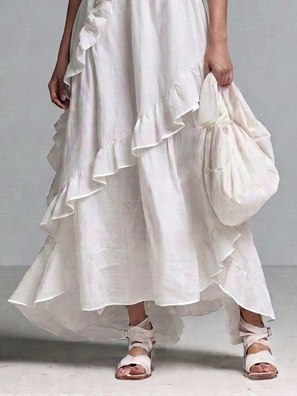 Women’s Boho White Linen Short Sleeve Ruffle Trim V-Neck Loose Flowly High Low Hem Maxi Dress MDZ0229G9T