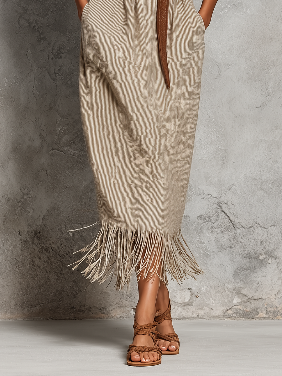 Women’s Beige Fine Vertical Stripe Linen Stand Collar Half Placket Roll Up Sleeve Fringe Hem Midi Shirt Dress With Side Pockets (Belt Not Included) MDZ0274G0T