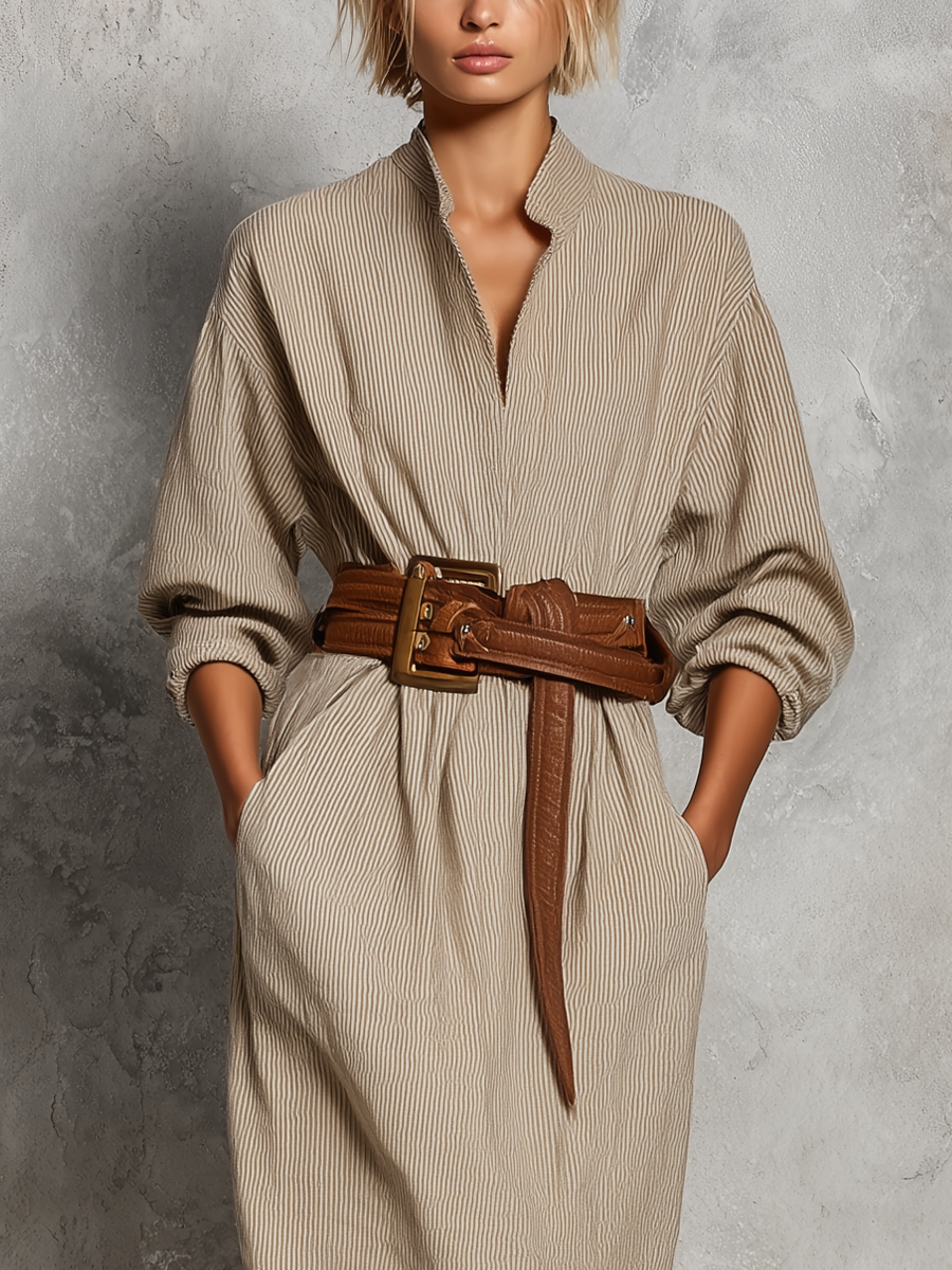 Women’s Beige Fine Vertical Stripe Linen Stand Collar Half Placket Roll Up Sleeve Fringe Hem Midi Shirt Dress With Side Pockets (Belt Not Included) MDZ0274G0T