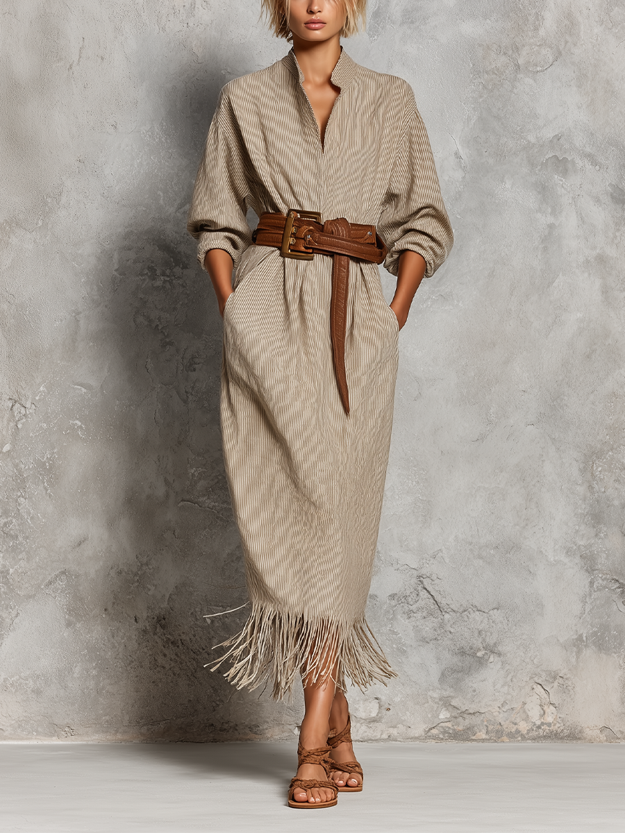 Women’s Beige Fine Vertical Stripe Linen Stand Collar Half Placket Roll Up Sleeve Fringe Hem Midi Shirt Dress With Side Pockets (Belt Not Included) MDZ0274G0T