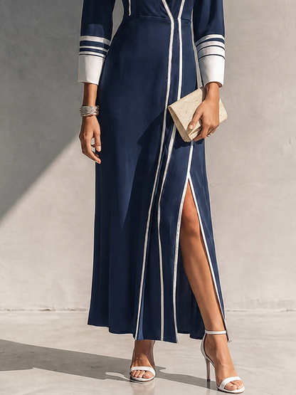 Women's Affordable Luxury Navy Cotton Blend Contrast Color Collar 3/4 Sleeve Side Slit Knit Dress MDZ0210G4GMJ