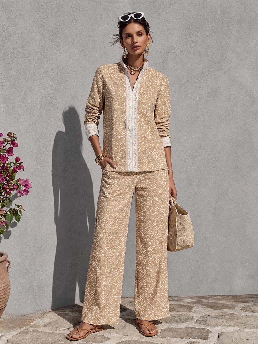Women's Relaxed Resort Style Khaki Cotton Blend Diamond Print Stand Collar Long Sleeve Wide Leg Long Pants Set MDZ0258G8GMJ