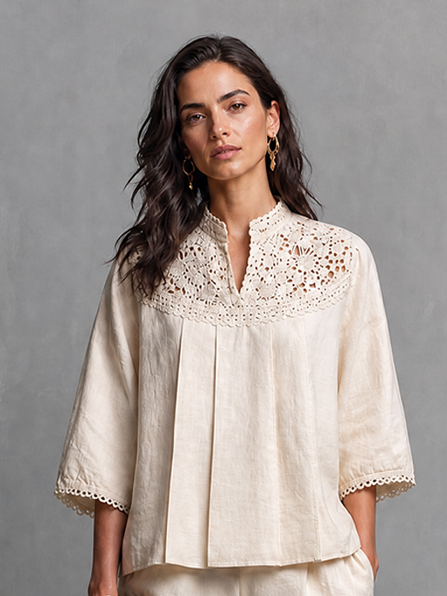 Women's Elegant Casual Off White Cotton Linen Lace Trimmed Stand Collar Three Quarter Sleeve Top And Shorts Set MDZ0299G3GMJ