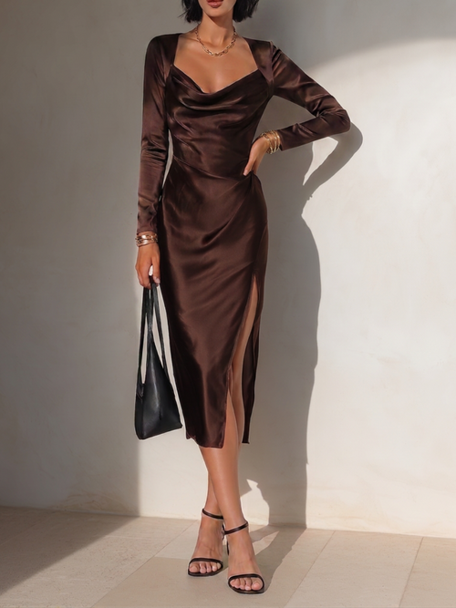 Women's Elegant Chocolate Brown Satin Cowl Neck Long Sleeve High Slit Bodycon Midi Dress MDZ0366G6O