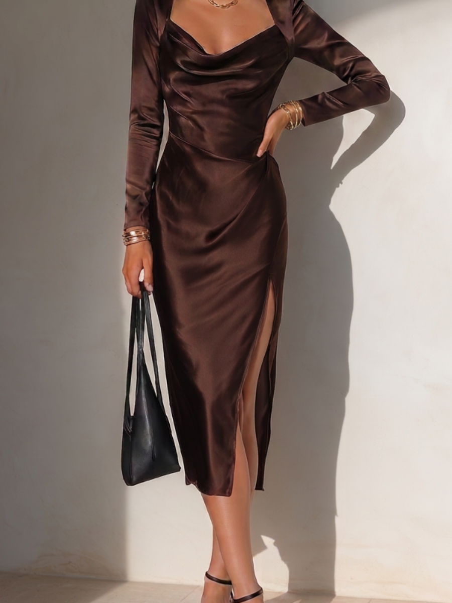 Women's Elegant Chocolate Brown Satin Cowl Neck Long Sleeve High Slit Bodycon Midi Dress MDZ0366G6O