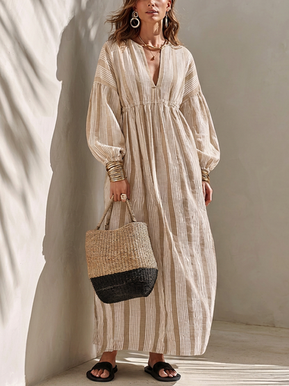Women's Minimalist Off-White Vertical-Stripe Linen Maxi Dress MDZ0321G1ZRK