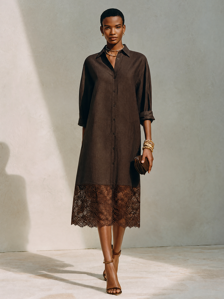 Women's Minimalist Solid Brown Linen & Lace-Panel Midi Shirt Dress MDZ0684G8ZRK
