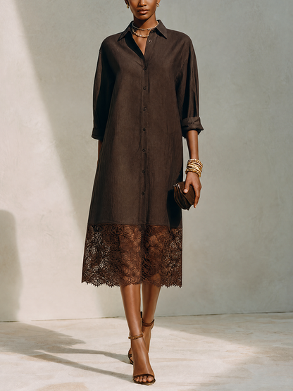 Women's Minimalist Solid Brown Linen & Lace-Panel Midi Shirt Dress MDZ0684G8ZRK