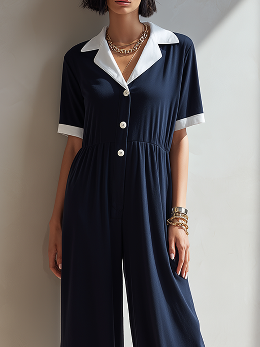 Women's Minimalist Navy & White Color-Block Lapel Short-Sleeve Wide-Leg Jumpsuit With Elastic Waist MDZ0697G5ZRK