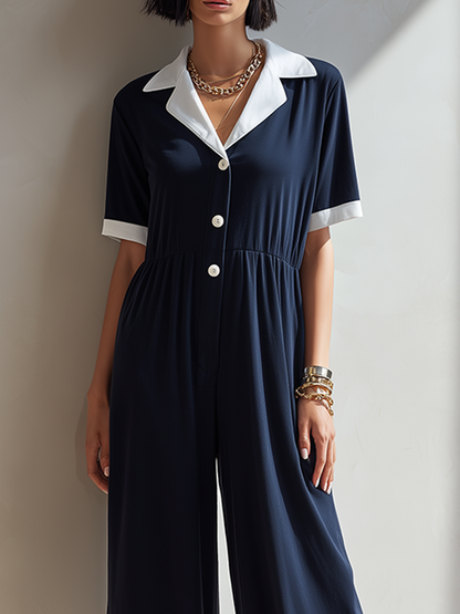 Women's Minimalist Navy & White Color-Block Lapel Short-Sleeve Wide-Leg Jumpsuit With Elastic Waist MDZ0697G5ZRK
