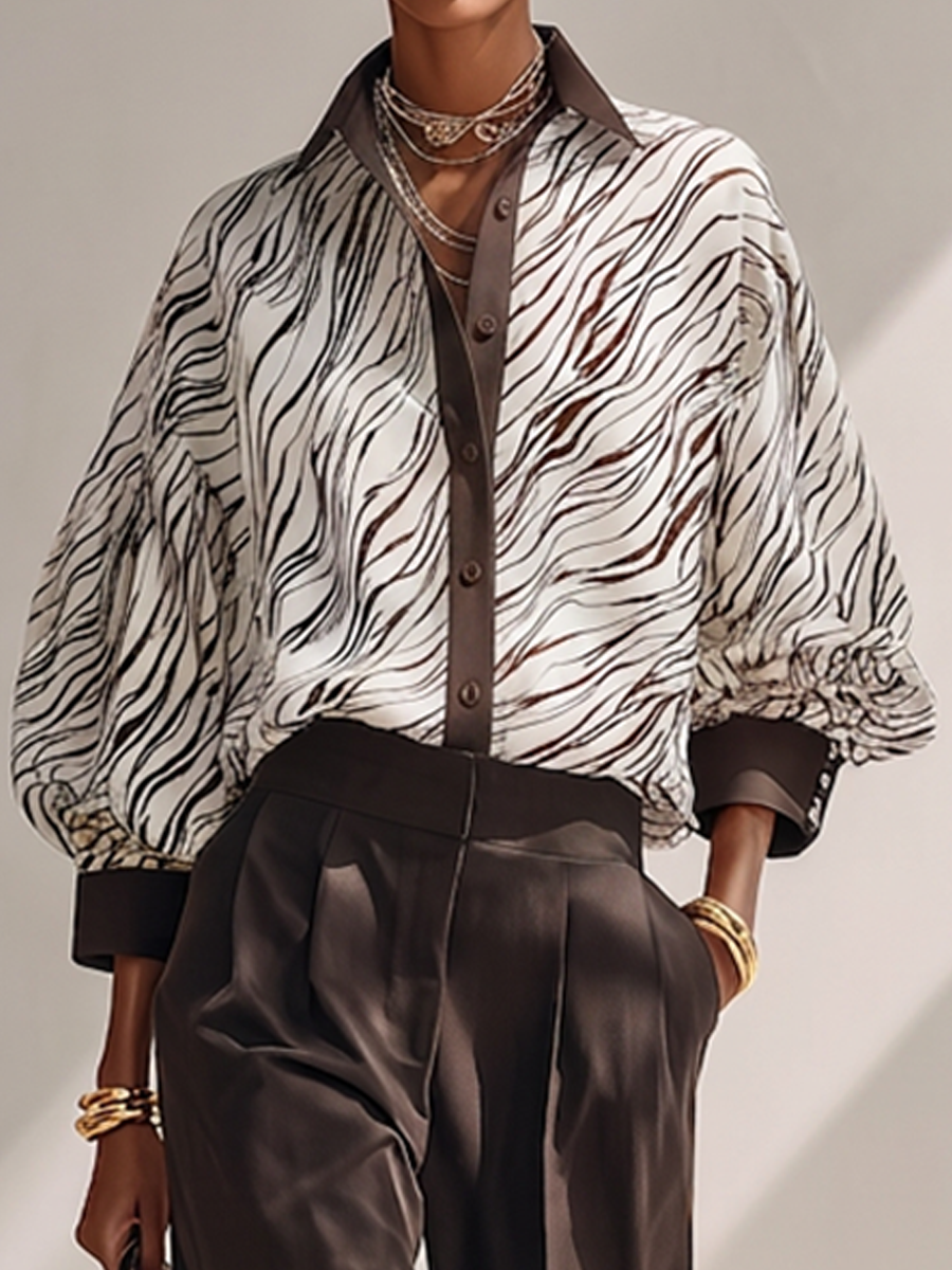 Women's Casual Zebra-Print Color-Block Long Lantern-Sleeve Shirt MDZ0645G2ZRK