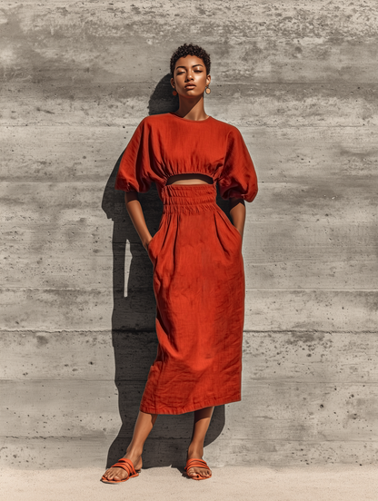 Women’s Rust Linen Blend Round Neck Puff Short Sleeve Midriff Cutout Smocked Waist Side Pocket Midi Dress MDZ0678G9YZJ